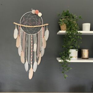 Attrape rêves prénom rose, gris et blanc