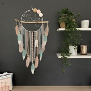 Attrape rêves prénom rose, turquoise et beige
