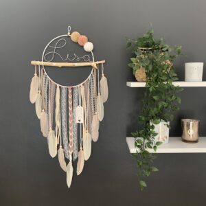 Attrape rêves prénom rose, beige et blanc