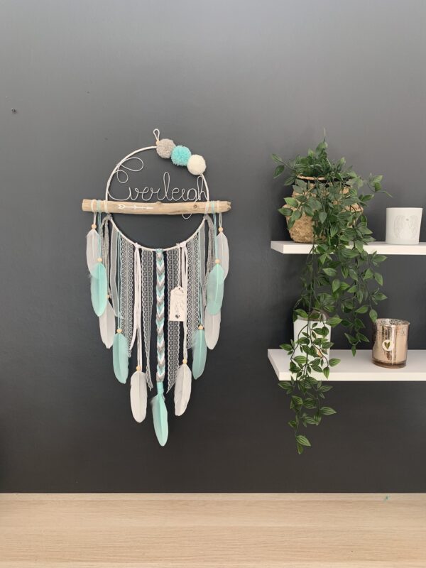 Attrape rêves prénom turquoise, gris et blanc