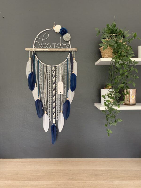Attrape rêves prénom bleu marine, gris et blanc