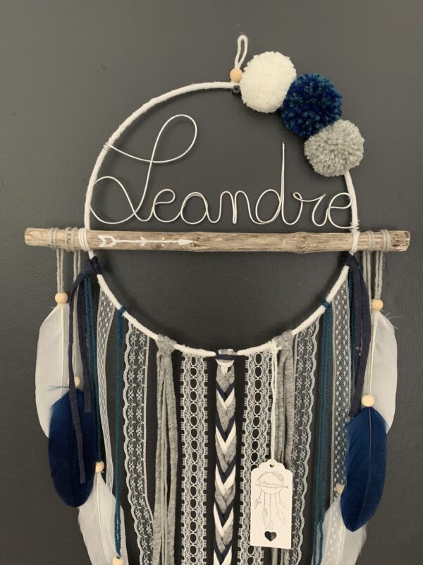 Attrape rêves prénom bleu marine, gris et blanc – Image 3