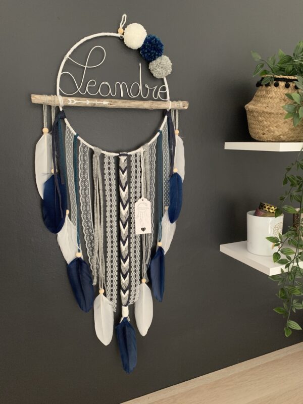 Attrape rêves prénom bleu marine, gris et blanc – Image 2