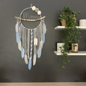 Attrape rêves prénom bleu clair, gris et blanc
