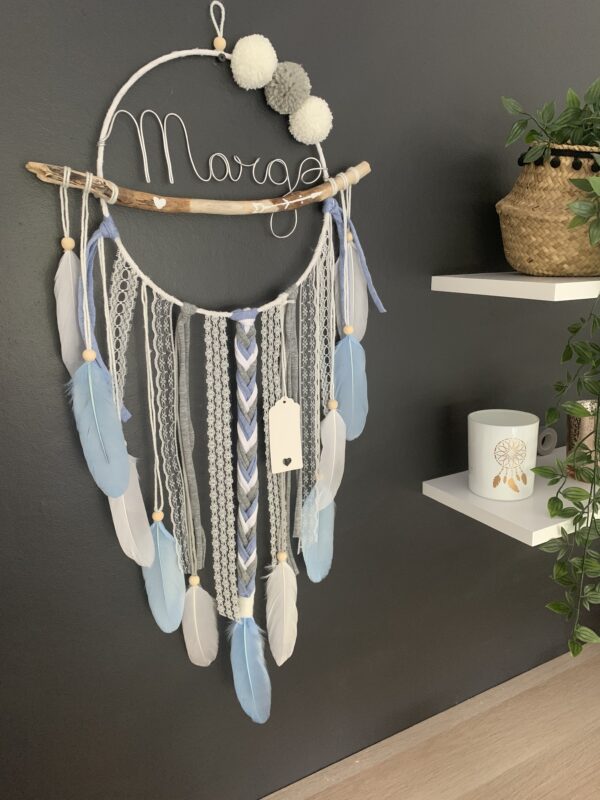 Attrape rêves prénom bleu clair, gris et blanc – Image 2