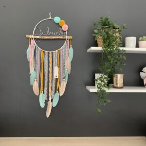Attrape rêves prénom rose, turquoise et jaune moutarde